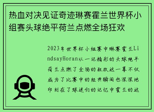 热血对决见证奇迹琳赛霍兰世界杯小组赛头球绝平荷兰点燃全场狂欢